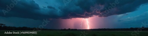 Dark, ominous storm clouds gather overhead, heavy rain falling, intense lightning illuminating the landscape A dramatic scene of powerful nature , weather phenomenon, clouds