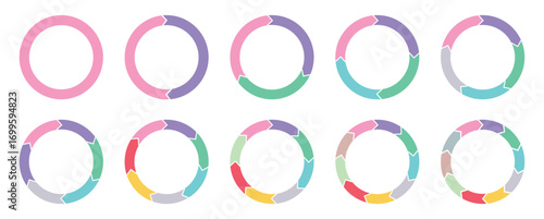 Set of colourful pie charts. Circle icons for infographic. Pie chart for data analysis, business presentation, ui, web design. Vector illustration.