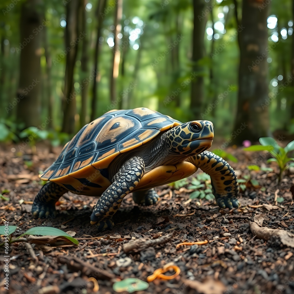 Obraz premium A detailed close up of a patterned turtle walking across a forest floor with dappled sunlight