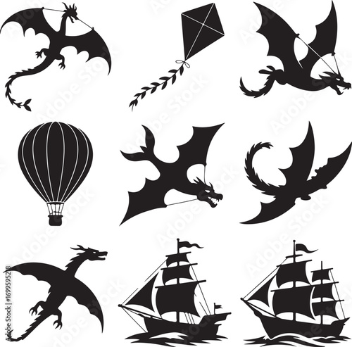 Silhouette collection of dragons hot air balloons and sailing ships Keywords: dragon, silhouette
