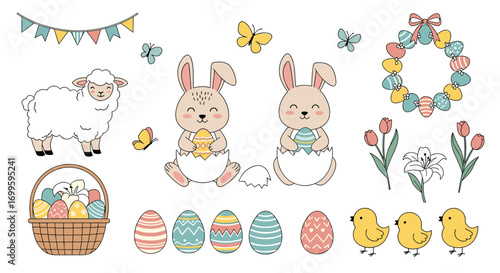 Adorable easter celebration elements featuring bunnies sheep chicks tulips eggs and festive decorations for spring holidays