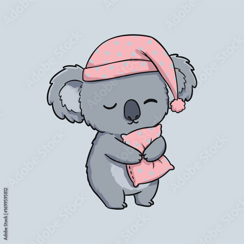 Illustration of a cute gray bear wearing a pink sleep cap and holding a pink pillow. The bear has its eyes closed, suggesting sleepiness. The style is simple and childlike, with pixel like features
