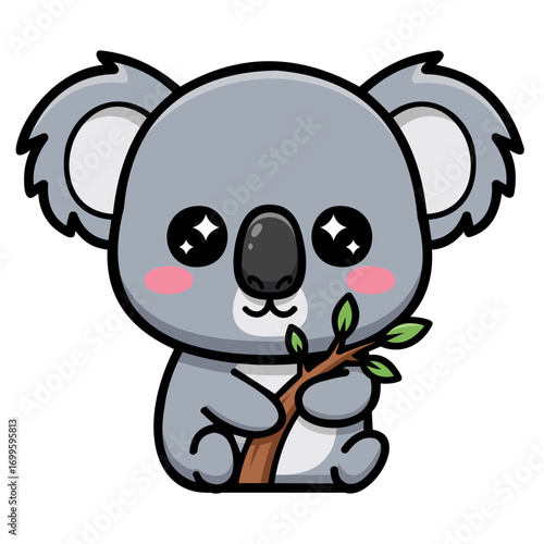 A cute cartoon koala, gray in color with large, expressive eyes and pink cheeks, sits and holds a small branch of eucalyptus leaves. The style is simple and charming, with clean lines and soft colors