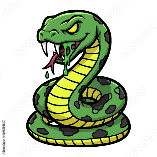 Cartoon illustration of a green snake with yellow stripes, fangs, and dripping venom. The snake is coiled and has a menacing expression. The background is dark