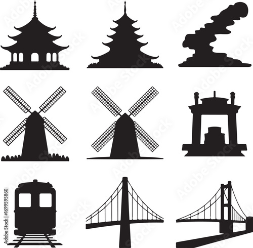 Asian Pagoda Windmill Bridge And Train Silhouettes vector