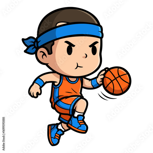 Illustration of a determined cartoon boy, wearing an orange jersey and blue headband, dribbling a ball. He has a serious expression and dynamic pose. The style is pixelated and reminiscent of old