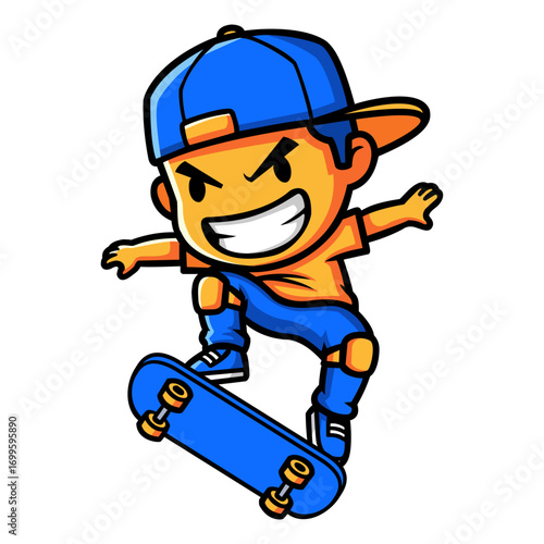 A vibrant pixel art illustration of a smiling boy performing a skateboarding trick. He wears a blue cap and orange shirt, his pose dynamic against a black background. The style is reminiscent of
