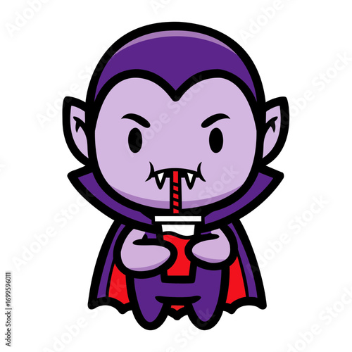 Illustration of a small style creature with large eyes, sharp teeth, and a purple cloak, happily drinking from a red cup with a straw against a dark background. The style is simple, bold lines, and