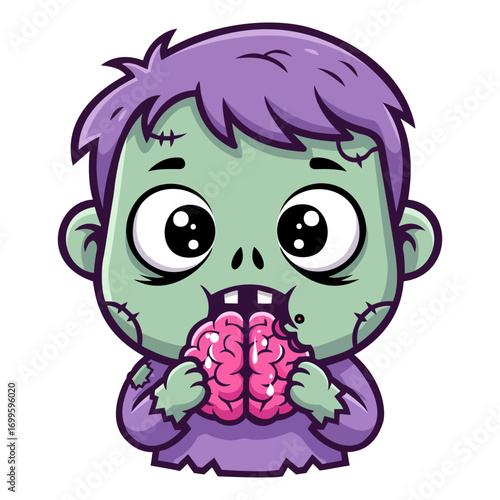 Illustration of a cute cartoon zombie infant with purple hair and green skin eating a pink brain. The style is pixel art, and the expression is playful and slightly spooky