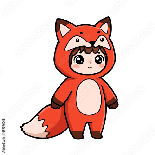 Digital illustration of a child in a cartoon animal costume. The character has a happy expression. The costume is detailed and features a fluffy tail. The style is pixel art. The image is colorful