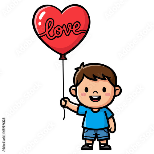 Illustration of a joyful child in a light colored shirt and denim shorts looking up at a large red heart shaped balloon with the word Love written on it. The illustration is simple, cartoonish, and
