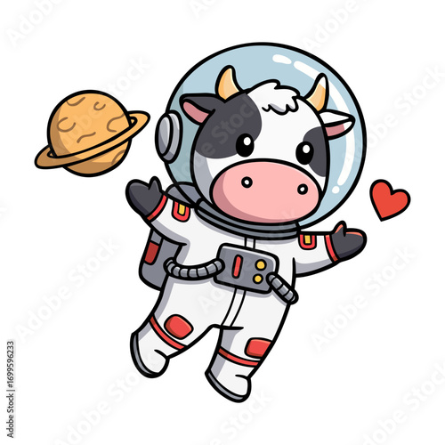 Illustration of a cheerful cow wearing a space suit floating in outer space, next to a planet. The style is cartoonish and pixelated, evoking a playful and heartwarming mood. The colors are vibrant