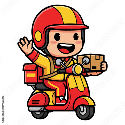 Illustration of a cheerful delivery person wearing a red and yellow uniform, helmet, and riding a red scooter while carrying a package. The style is vibrant and playful, suitable for children's