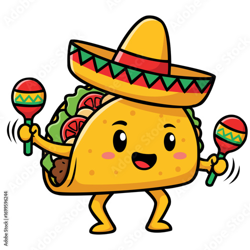A cheerful cartoon food item wearing a hat plays percussion instruments. The food item is yellow with visible fillings, has small legs and arms, and a smiling face. The instruments are red and green