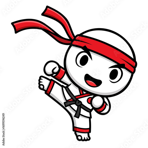 A cheerful cartoon illustration of a martial arts student in a white uniform with red accents performing a high kick. The character features a simple design with large expressive eyes and a joyful