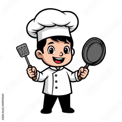 Illustration of a cheerful young chef in a white uniform, holding a spatula and a frying pan. The style is cartoonish and features bright colors against a black background