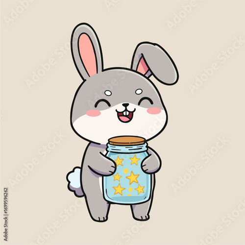 A cheerful gray rabbit with pink inner ears holds a clear jar filled with golden stars against a beige background. The illustration is in a pixel art style