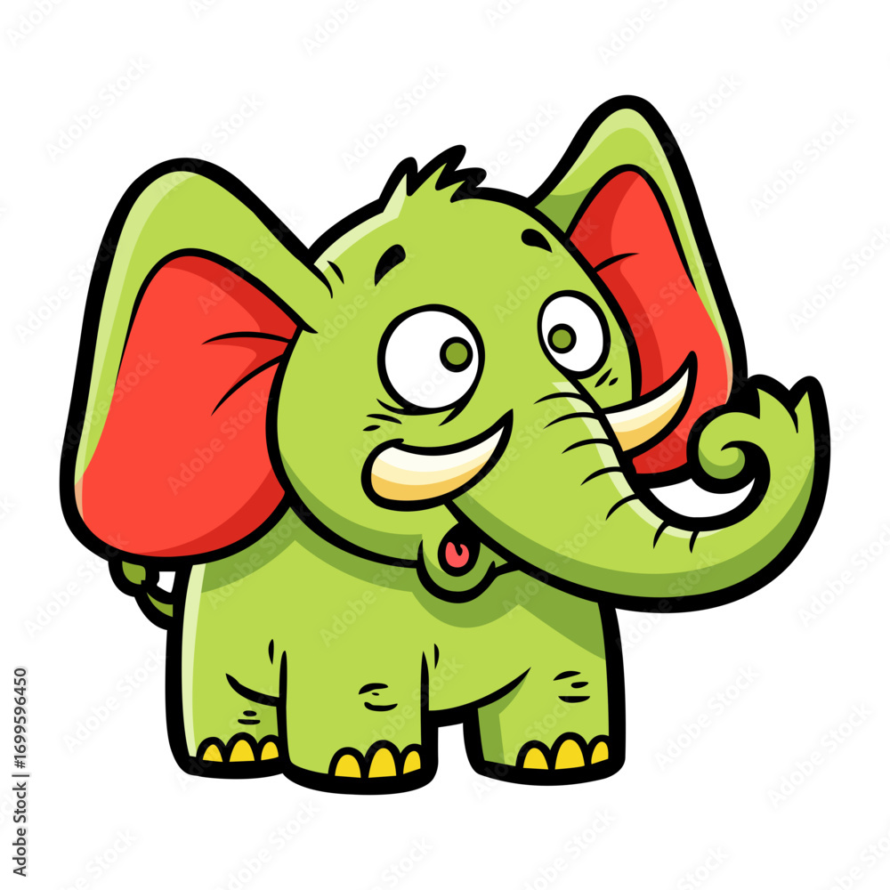 Fototapeta premium A playful green elephant illustration having large red ears and upturned tusks. The elephant has a surprised expression against a white background. The illustration has a cartoon style.
