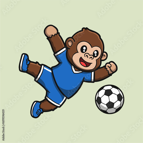 A cheerful cartoon primate, wearing a blue sports uniform, joyfully kicks a soccer ball. The illustration uses a pixel art style, and is set against a light green background