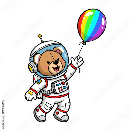 A joyful stuffed animal, dressed in a space suit, playfully reaches for a vibrant multi colored balloon against a dark background. The art style is pixelated, evoking a vintage video game aesthetic. 