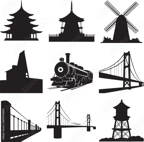 Silhouette collection of Asian pagodas windmill train and suspension bridges Keywords: pagoda