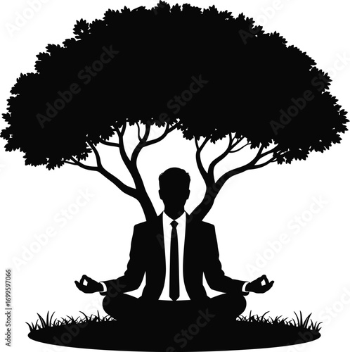 Silhouette of a businessman meditating peacefully under a large tree