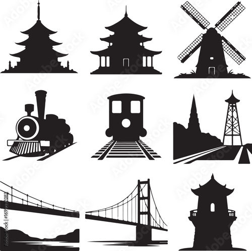 Silhouette collection of Asian pagodas windmill train and suspension bridges Keywords: pagoda