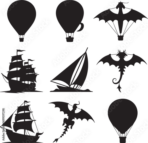 Collection of Silhouettes Hot Air Balloons Sailing Ships and Dragons Keywords: silhouette, hot air
