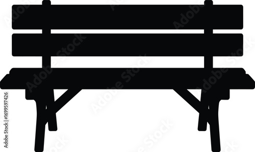Black silhouette of wooden park bench front view isolated on white background, classic outdoor seating, empty public bench, vector illustration
