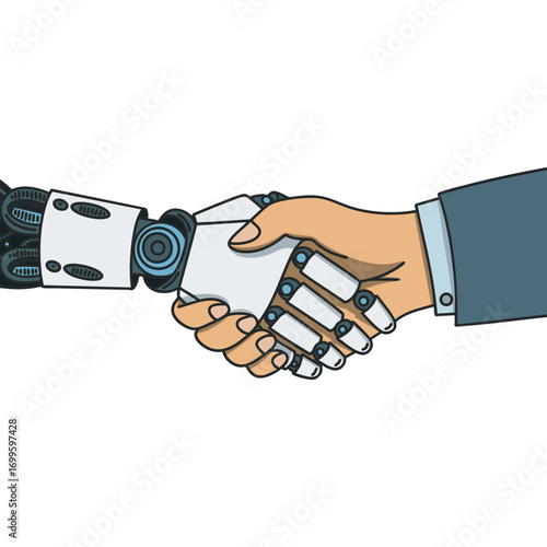 Illustration of a human hand and a robot hand shaking, symbol of cooperation between humans and technology
