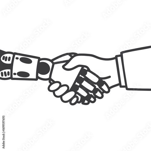 Illustration of a human hand and a robot hand shaking, symbol of cooperation between humans and technology