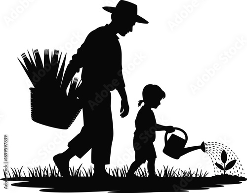 Young boy nurturing a small plant with water silhouette
