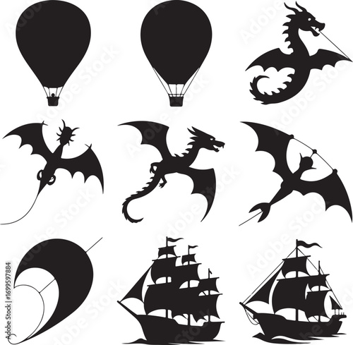 Hot Air Balloon Dragon and Sailing Ship Silhouettes Keywords: silhouette, hot air balloon, airship