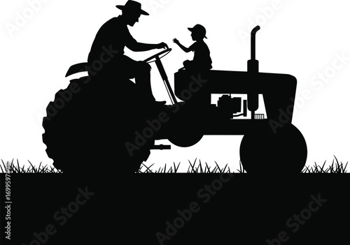 Father and son enjoying a ride on a tractor silhouette