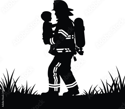 Heroic firefighter carrying a baby to safety silhouette