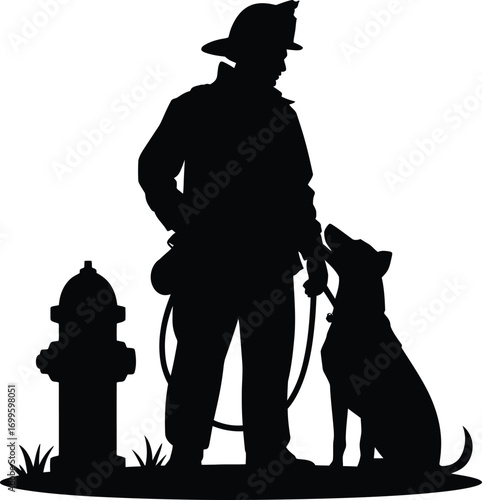 Heroic firefighter with loyal dog and water hydrant silhouette