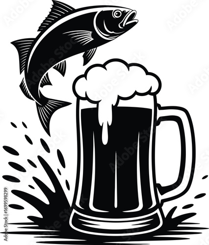 A fish leaping out of a beer glass silhouette