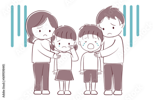 泣いている子供たちと心配する両親のイラスト