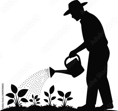 Man watering a potted plant with a watering can silhouette