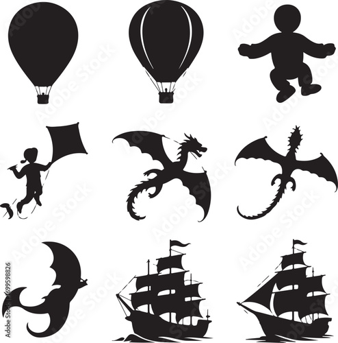 Silhouette collection of hot air balloons dragons children and sailing ships Keywords: hot air