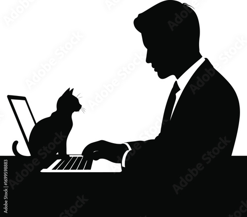 Man working on laptop with cat on keyboard silhouette