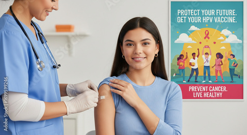 Young woman receiving HPV vaccine from nurse, promoting cancer prevention and health