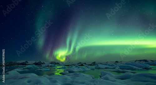 Wallpaper Mural Breathtaking Aurora Borealis over frozen lake with icebergs under starry night sky Torontodigital.ca