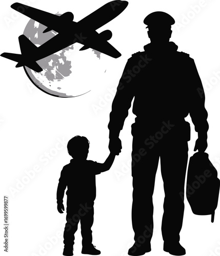 Father and son pilot traveling together in a plane silhouette