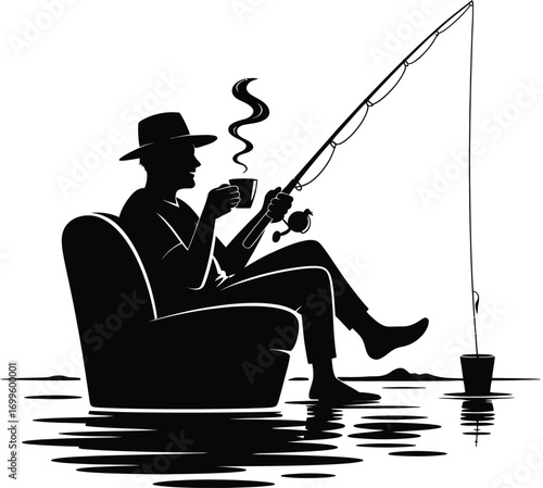 Man relaxing fishing with coffee silhouette design