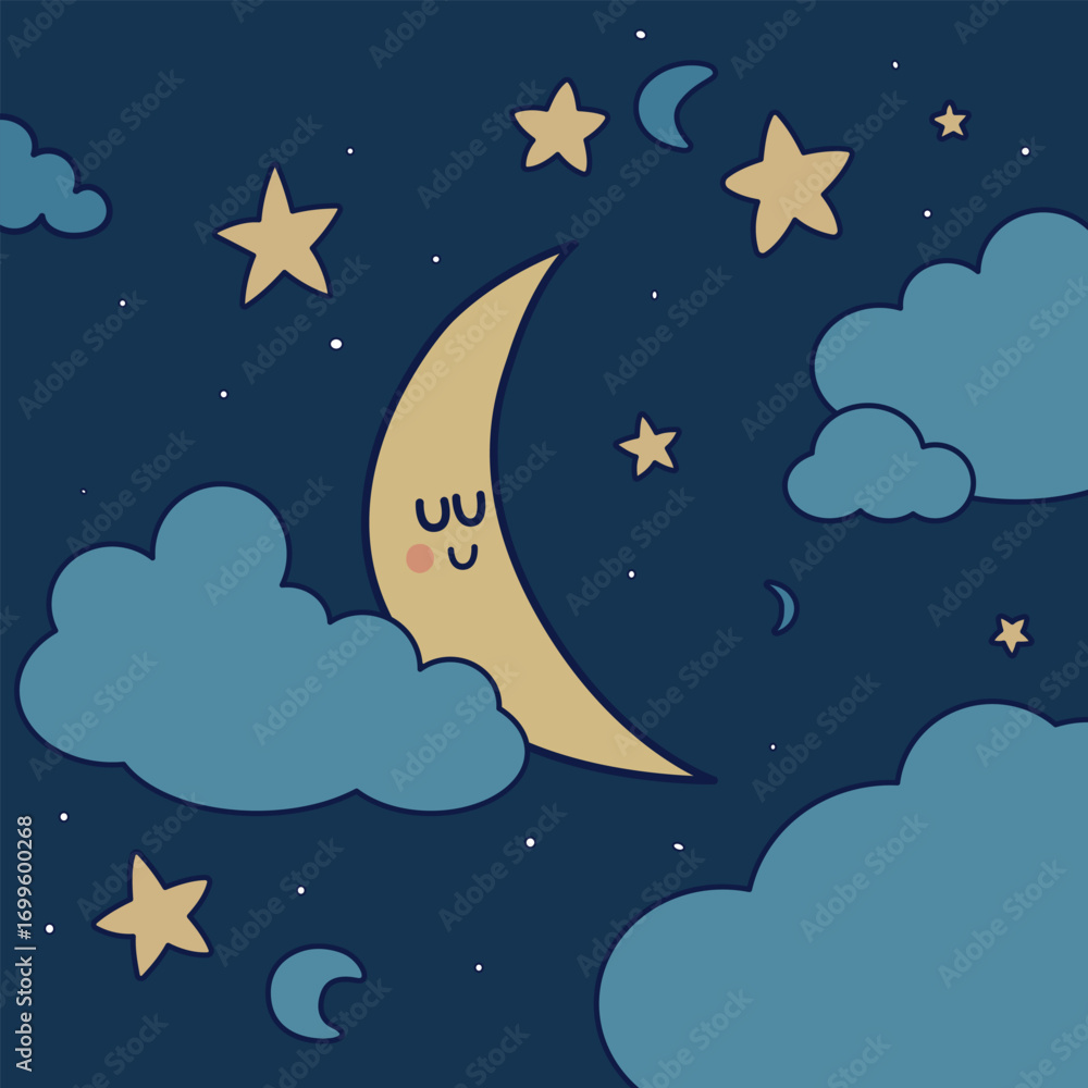 Naklejka premium Cute Night Sky Illustration with Smiling Crescent Moon, Stars, and Clouds