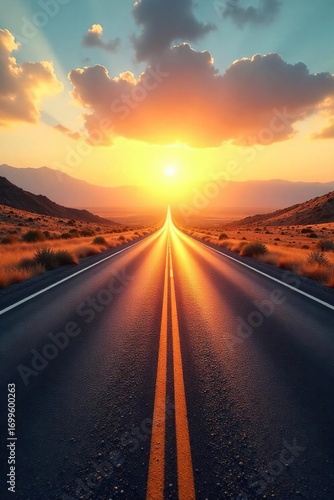 Endless asphalt ribbon disappearing into a hazy, sun-drenched horizon, promising adventure and open road freedom  Perfect for travel, vacation, and wanderlust themes ,  countryside,  freedom