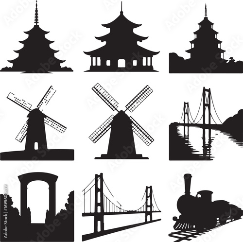 Silhouettes of Asian Pagodas Windmills and Bridges with a Train Keywords: silhouette, pagoda