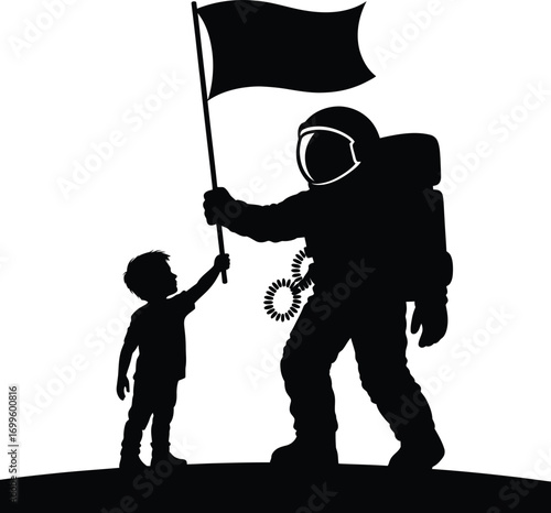 Silhouette of an astronaut and a child holding a flag together