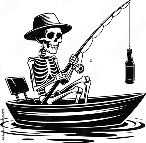 Skeleton fishing from a boat silhouette on a calm water surface
